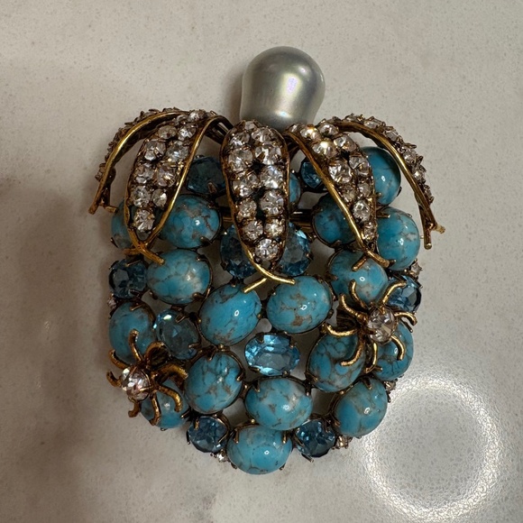 IRADJ MOINI Vintage Large Turquoise Berry Brooch Pin Costume Designer Jewelry - Picture 10 of 11